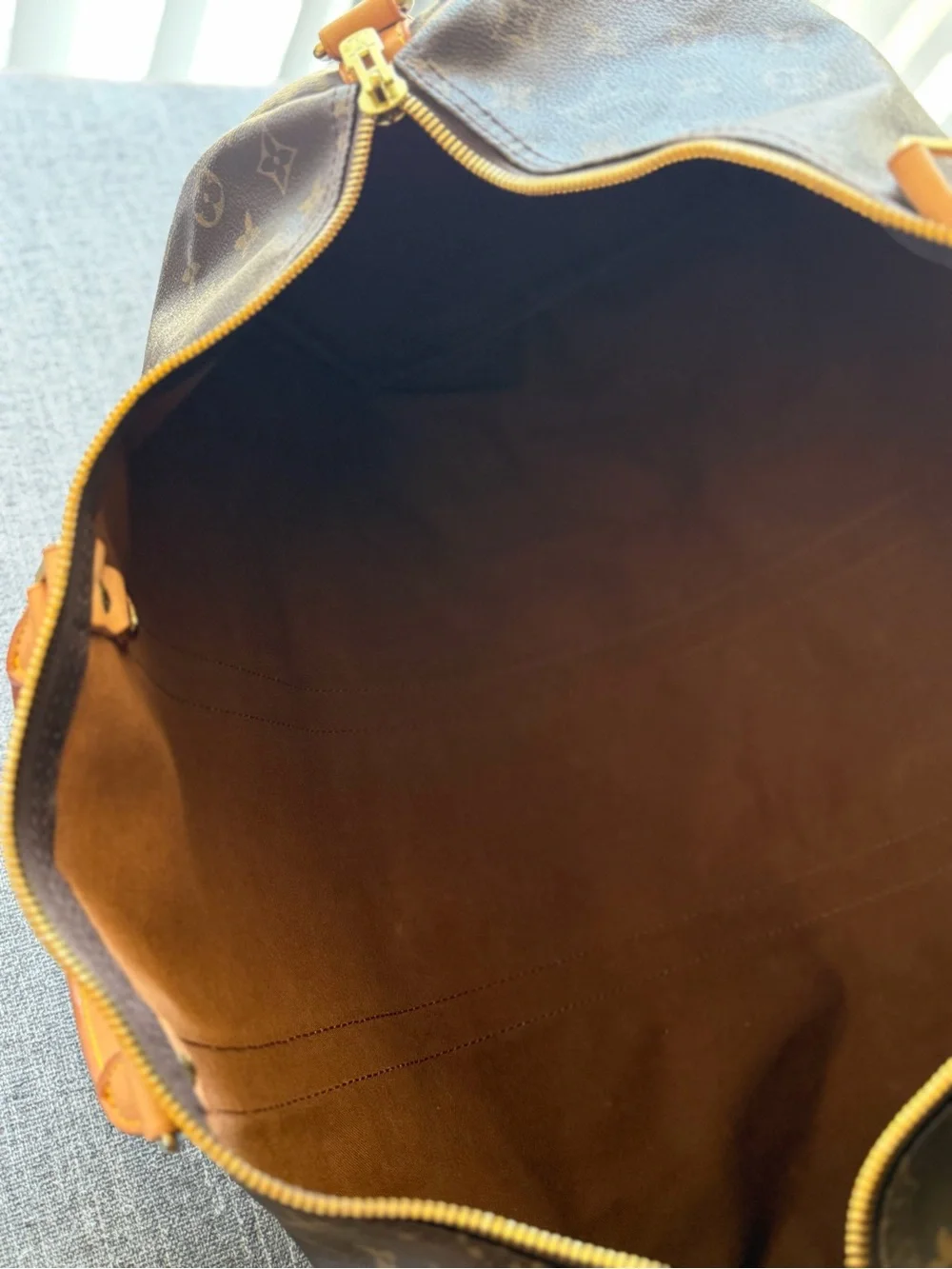 Louis Vuitton Keepall 50 Brown Monogram Leather Travel Duffel Bag with Strap
